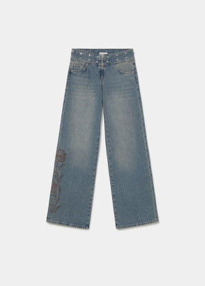 Jeans cinturilla tachas bordado