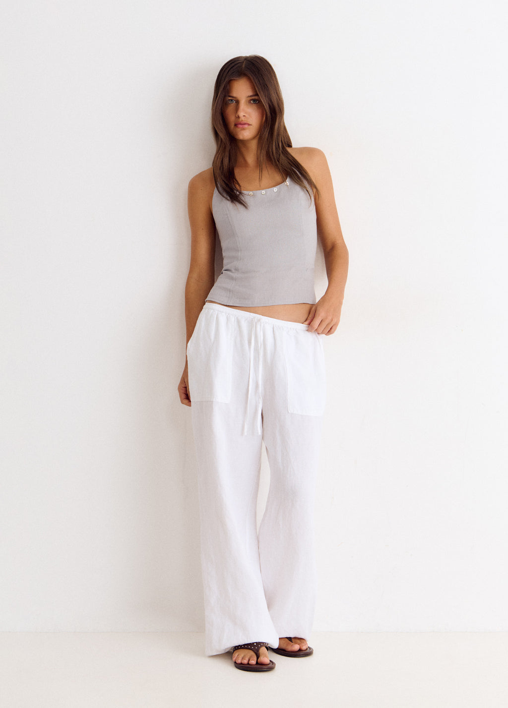 Top halter lino botones nácar
