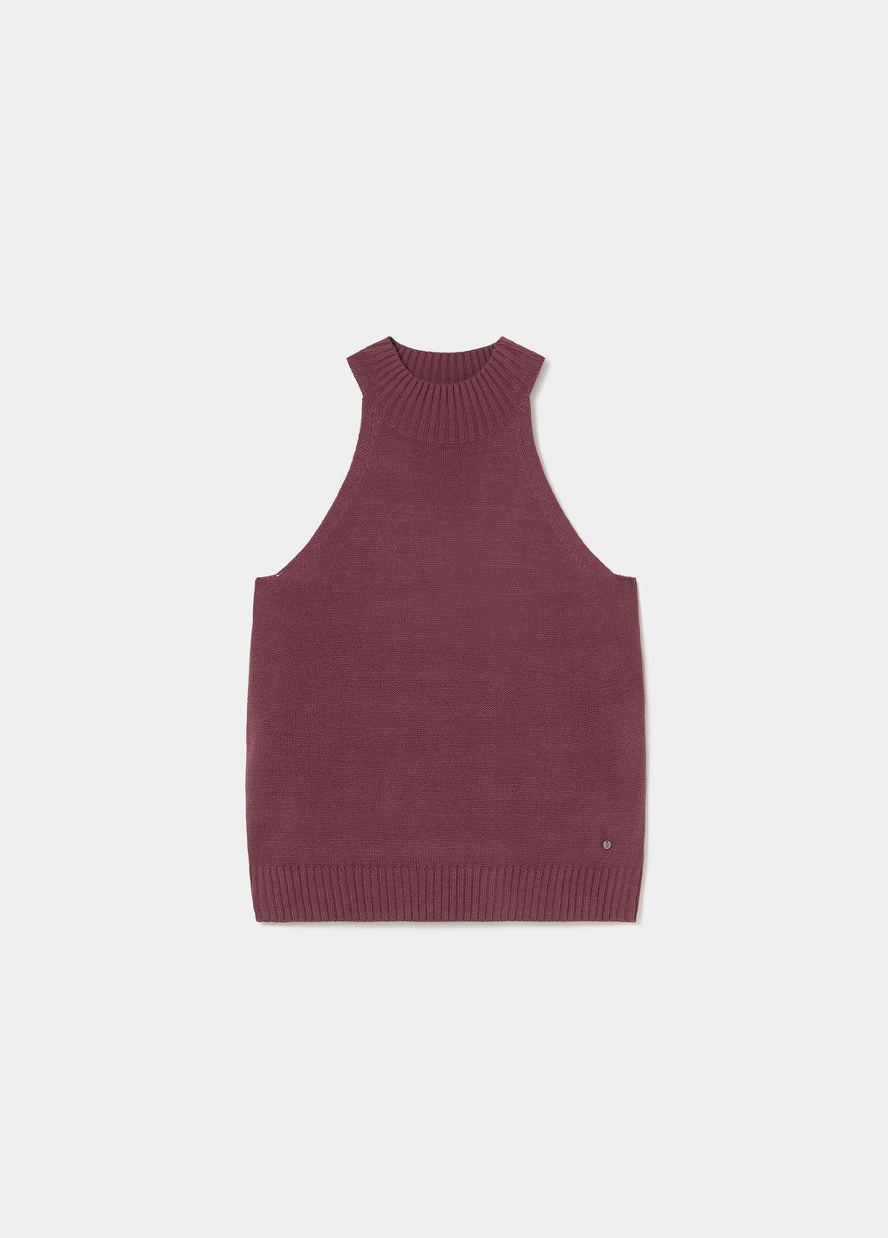 Top halter de punto fino en color berenjena lucido con el cuello alto y las mangas cortas