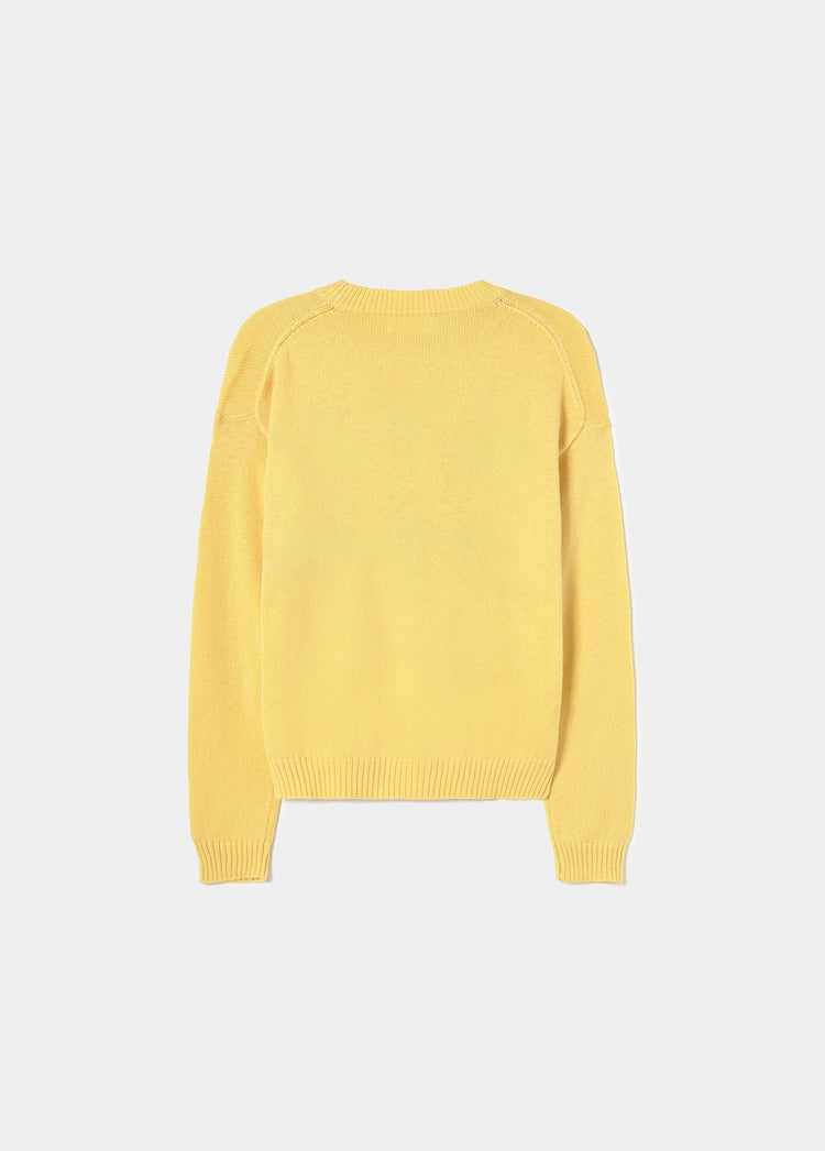Jersey de punto en mostaza visto por detrás mostrando su espalda lisa y cuello redondo