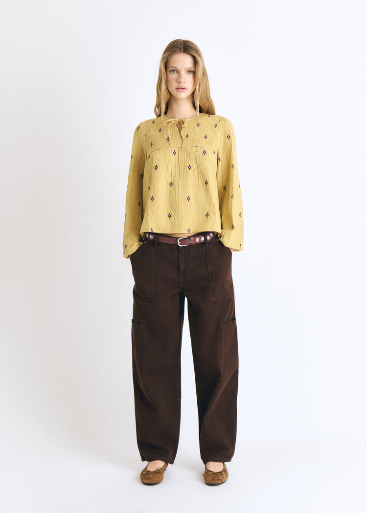 Embroidered smocked blouse