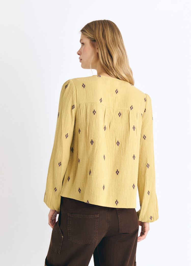 Embroidered smocked blouse