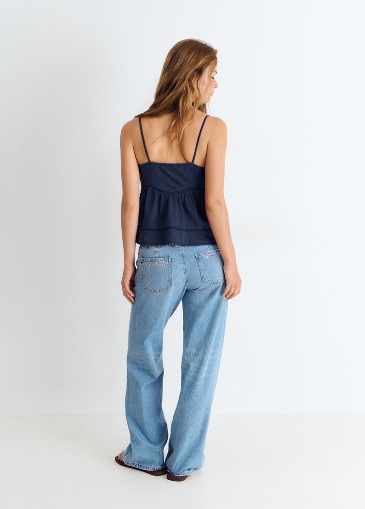 Lace-button spaghetti-strap top