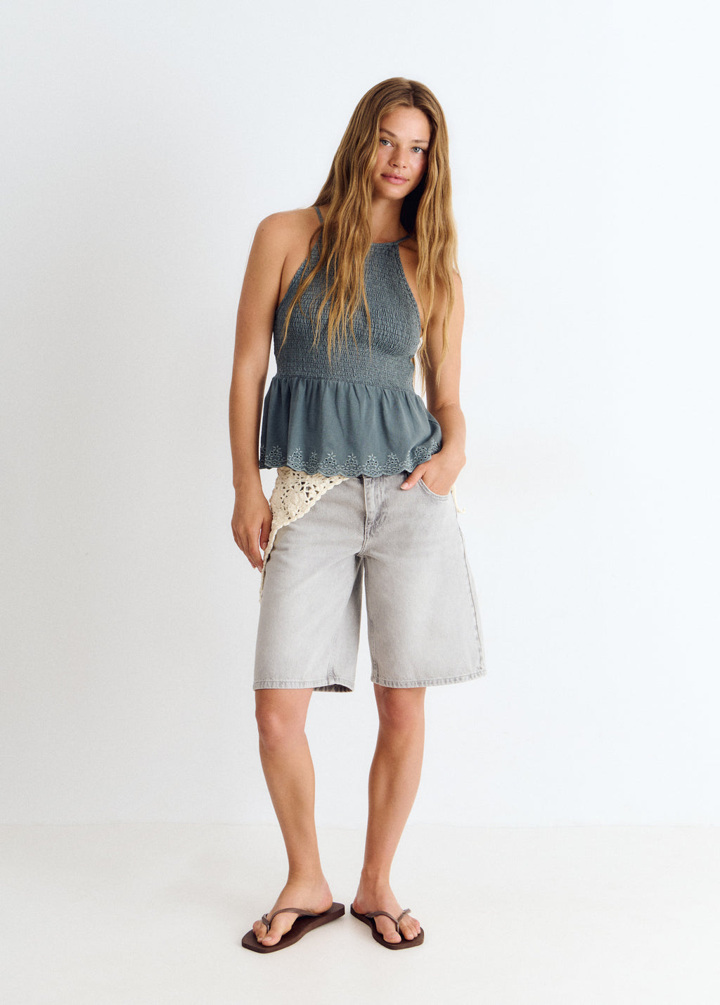 Perforated smocked camisole top