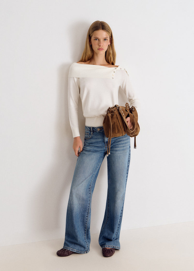 Ribbed-neck button-up sweater