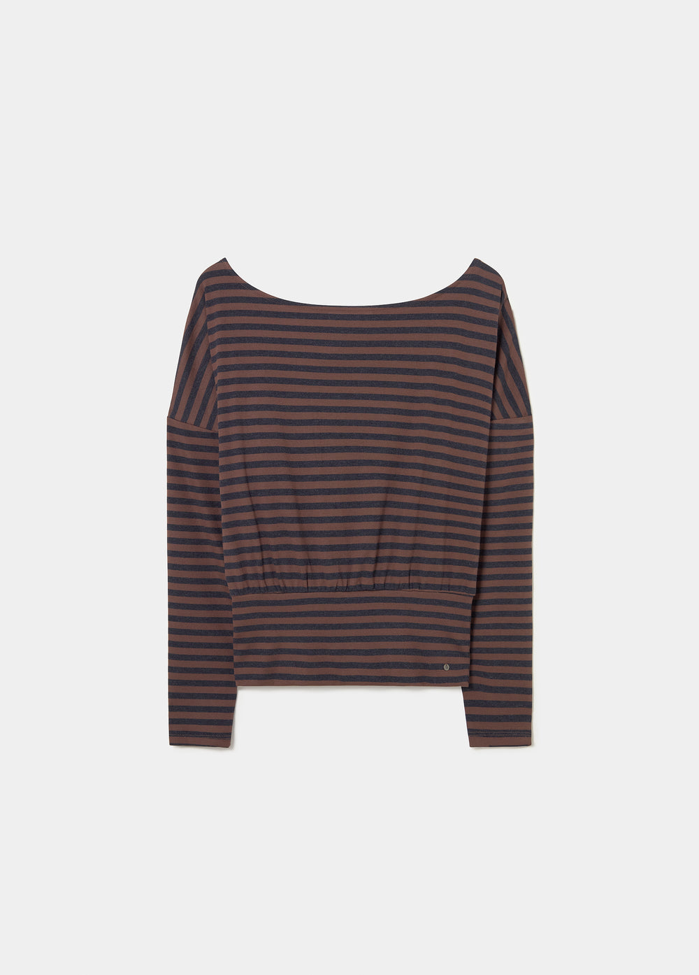 Camiseta de rayas tejidas en marrón con escote amplio y corte entallado en la cintura