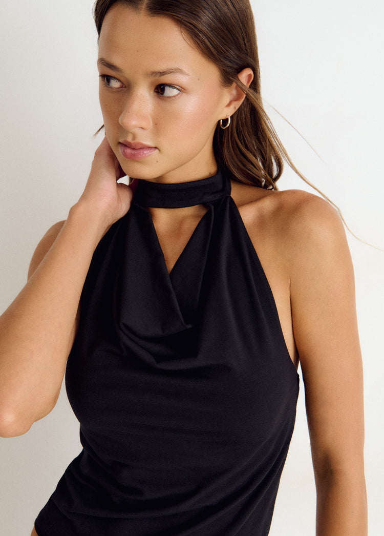 Halter-neck waterfall choker top