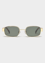 Gafas de sol de montura dorada vistas de perfil sobre el rostro de la modelo