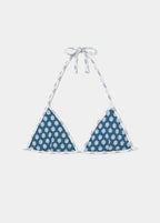 Top triangular de baño azul con estampado floral y tirantes finos