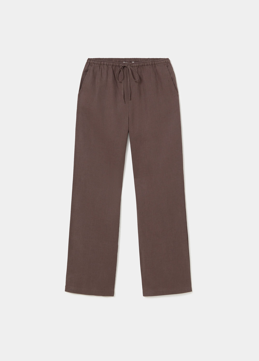 Pantalón de lino marrón oscuro con bolsillos laterales visto en vista frontal completa