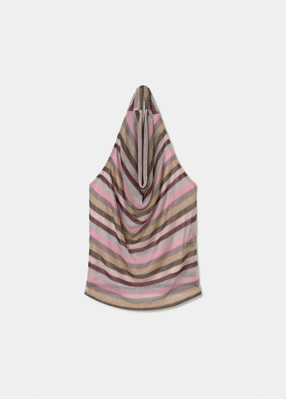 Top halter tejido en rosa claro con rayas horizontales y cuello drapeado