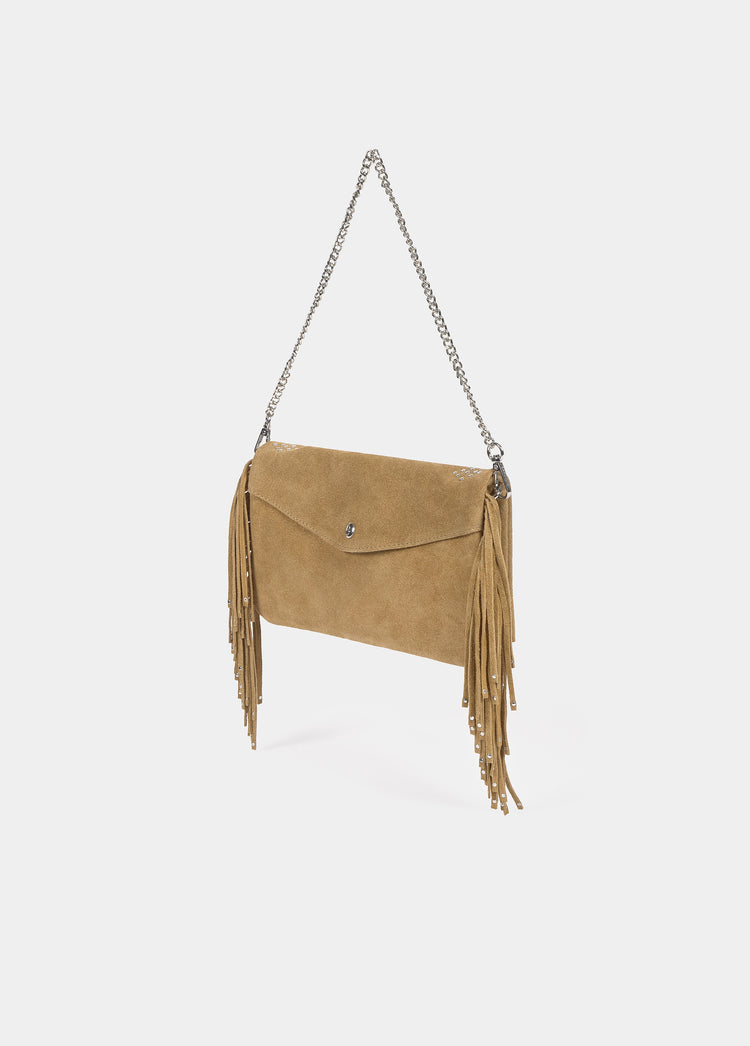 Leather flap bag with studs and fringes