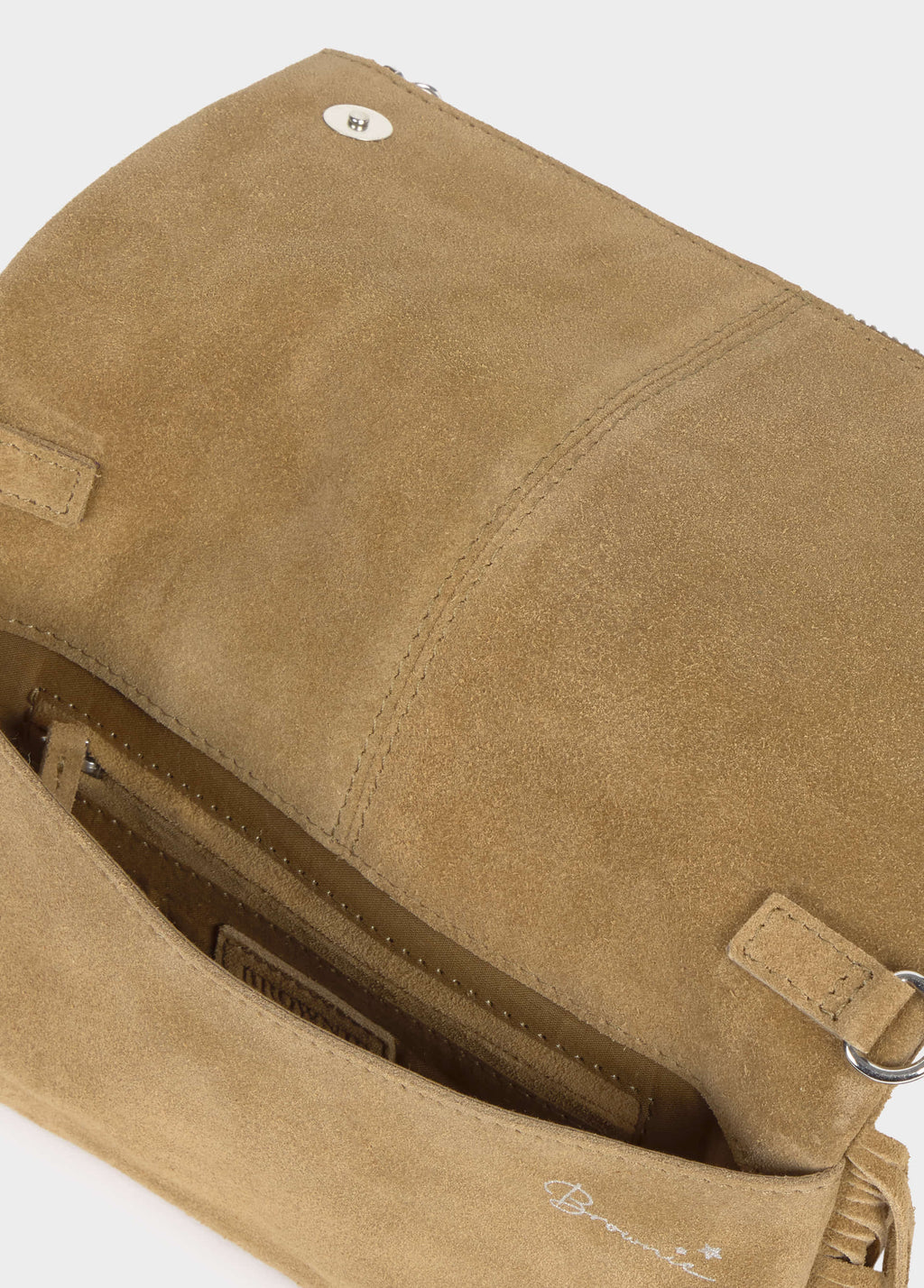 Leather flap bag with studs and fringes