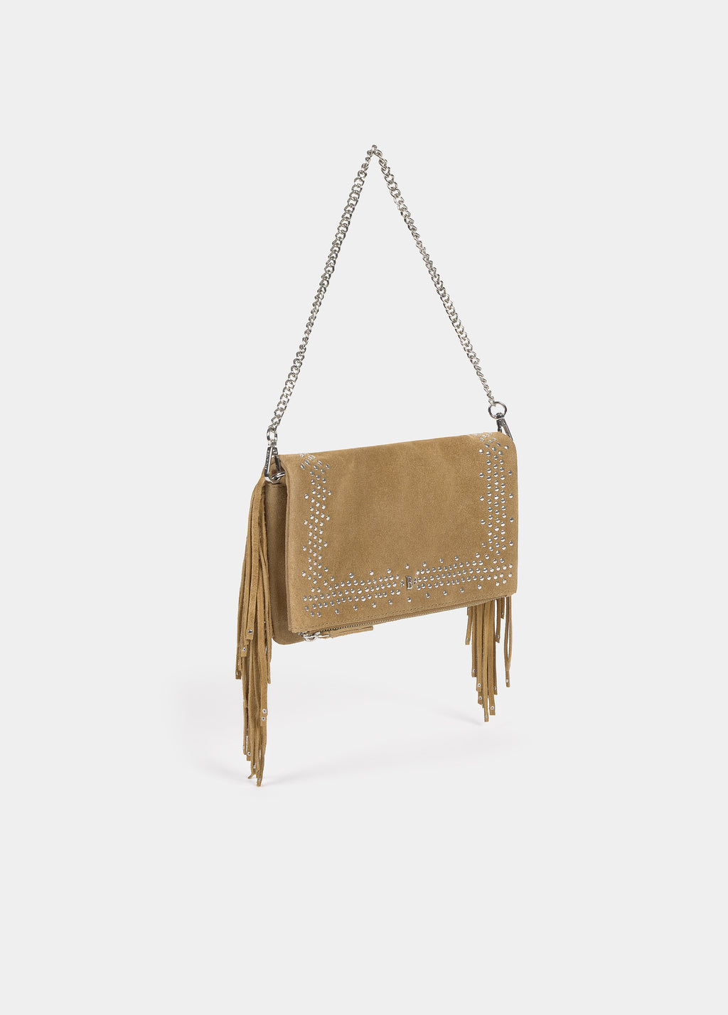 Leather flap bag with studs and fringes