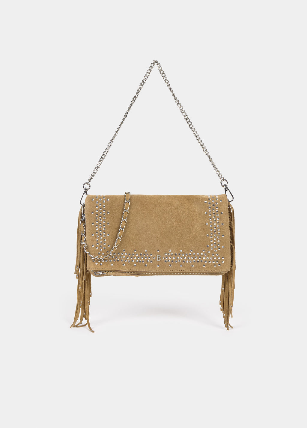 Leather flap bag with studs and fringes