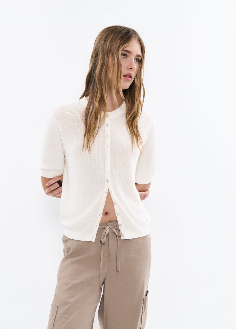 Short sleeve button knit jacket