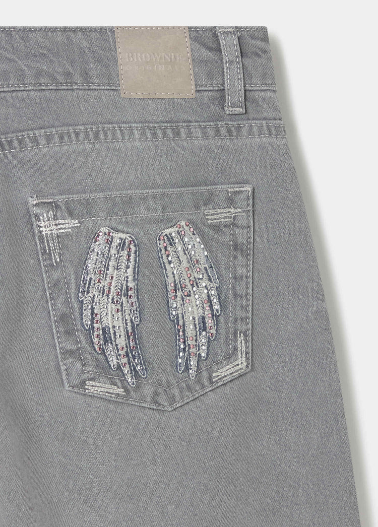 Jeans met lage taille, geborduurde vleugels en studs