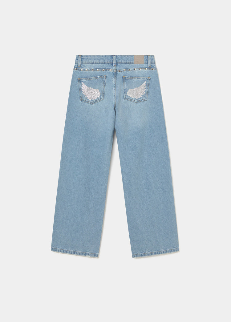 Jeans met lage taille en glittervleugels