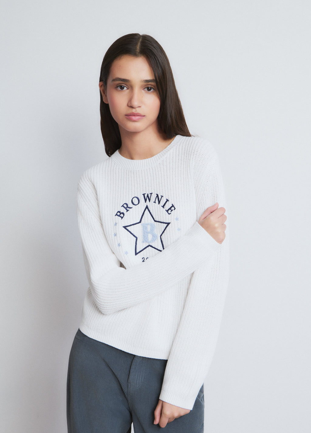 Embroidered sweater with flocked star