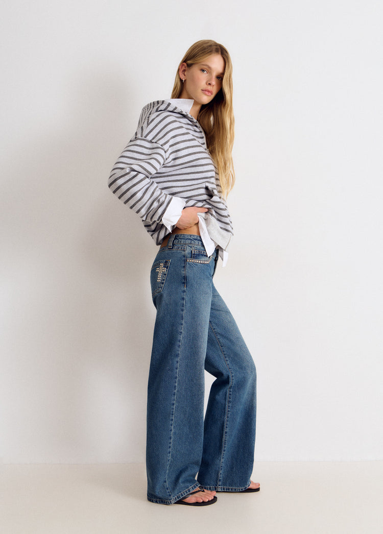 Striped zip-up sweatshirt with embroidery