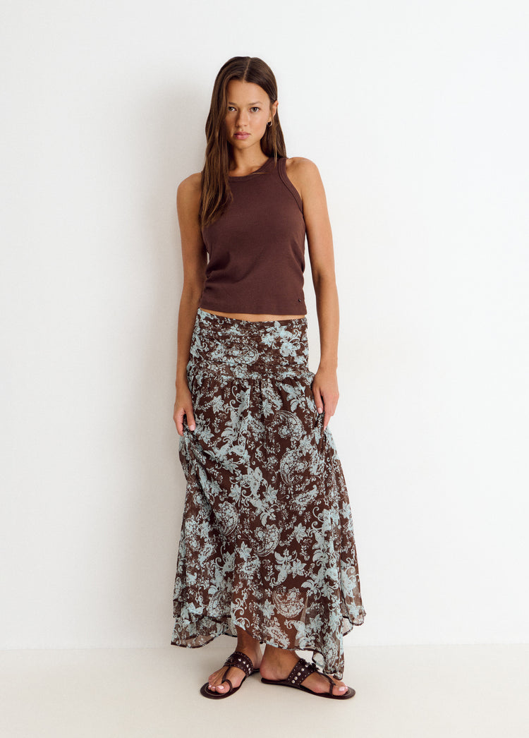 Long skirt smocked waist print