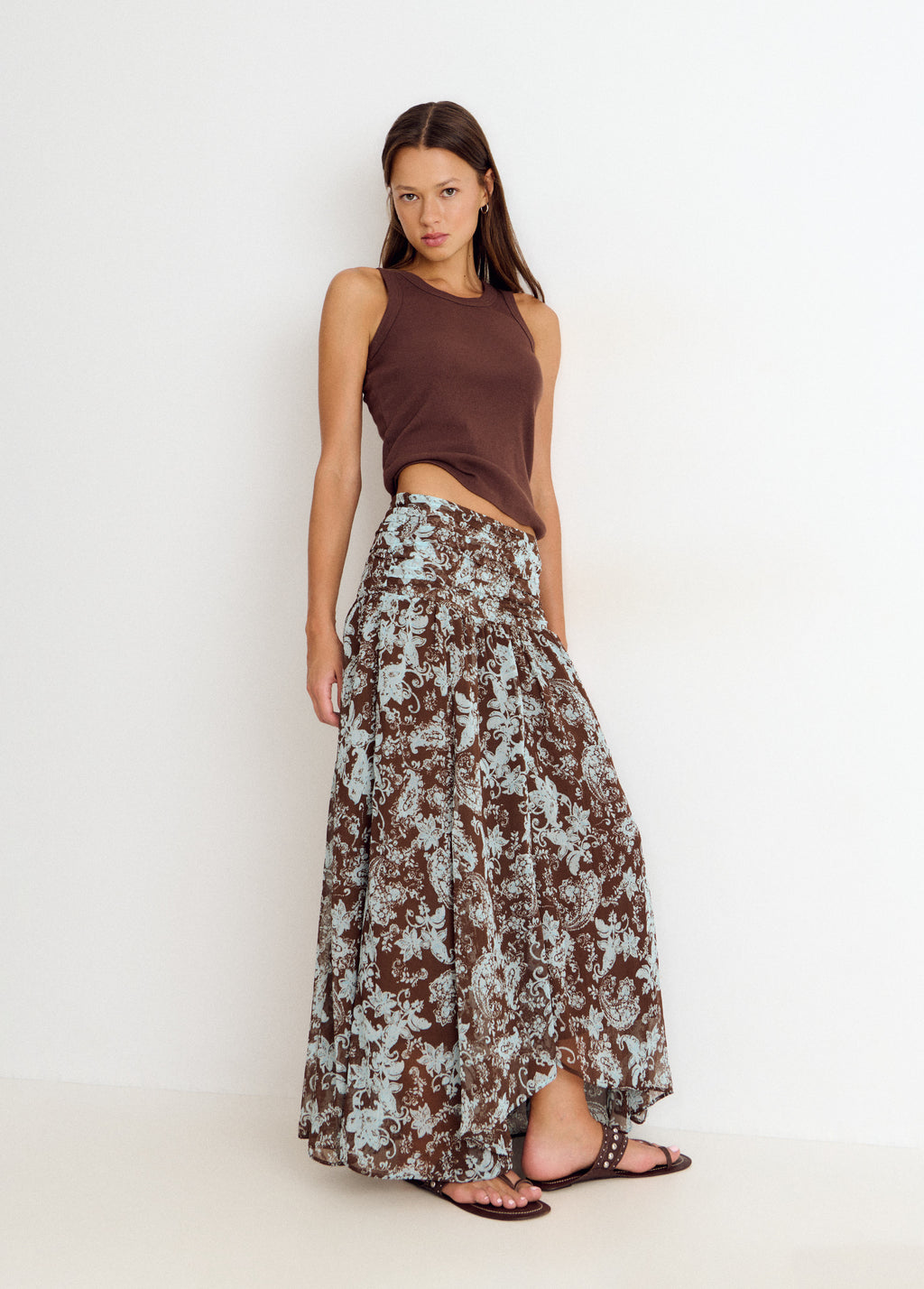 Long skirt smocked waist print