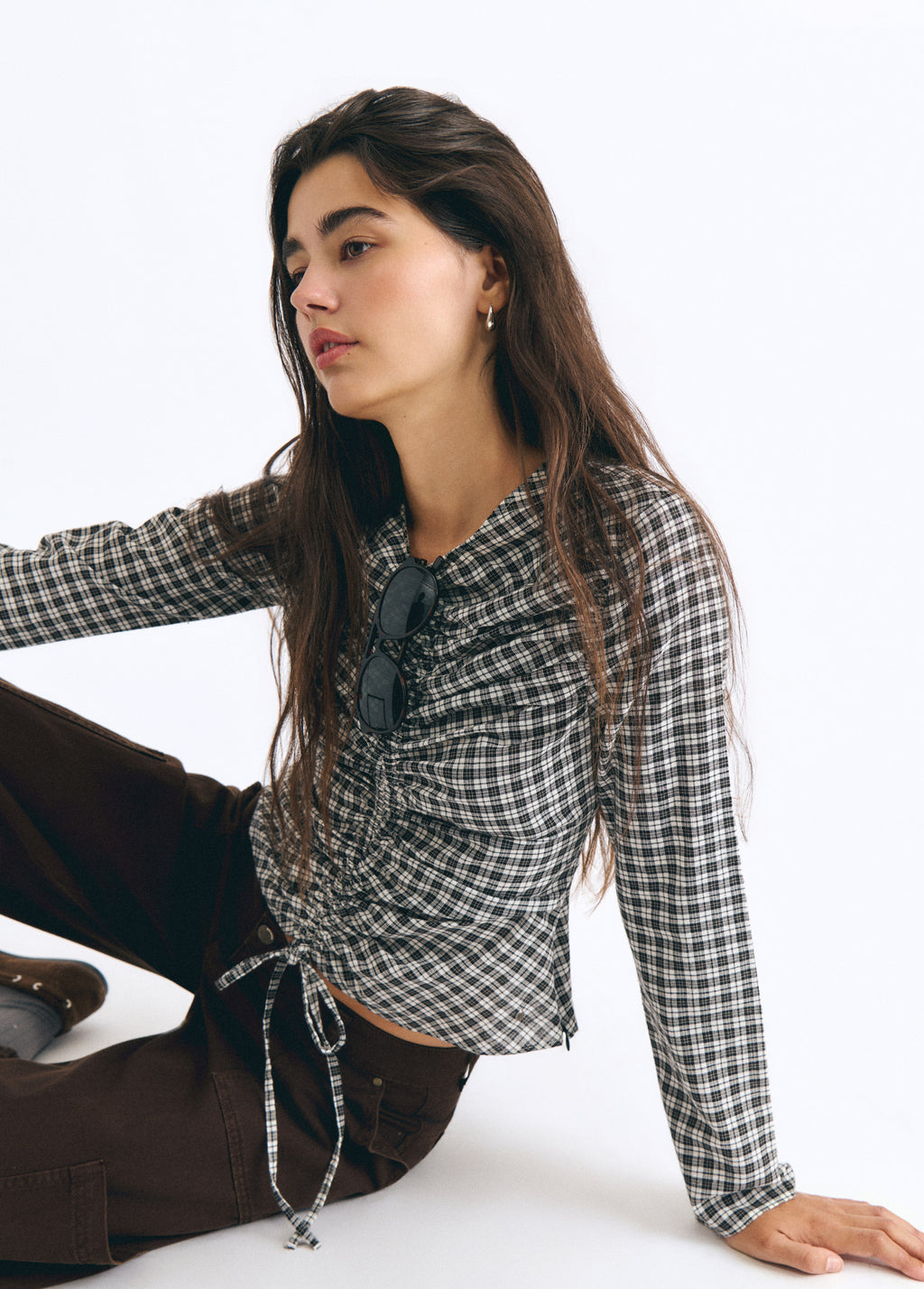 Plaid blouse with drawstring detail