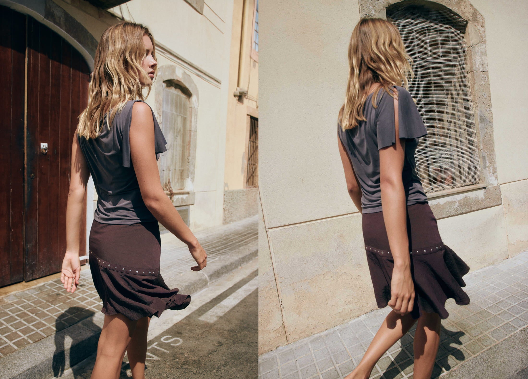 Short skirt with asymmetrical hem and studs
