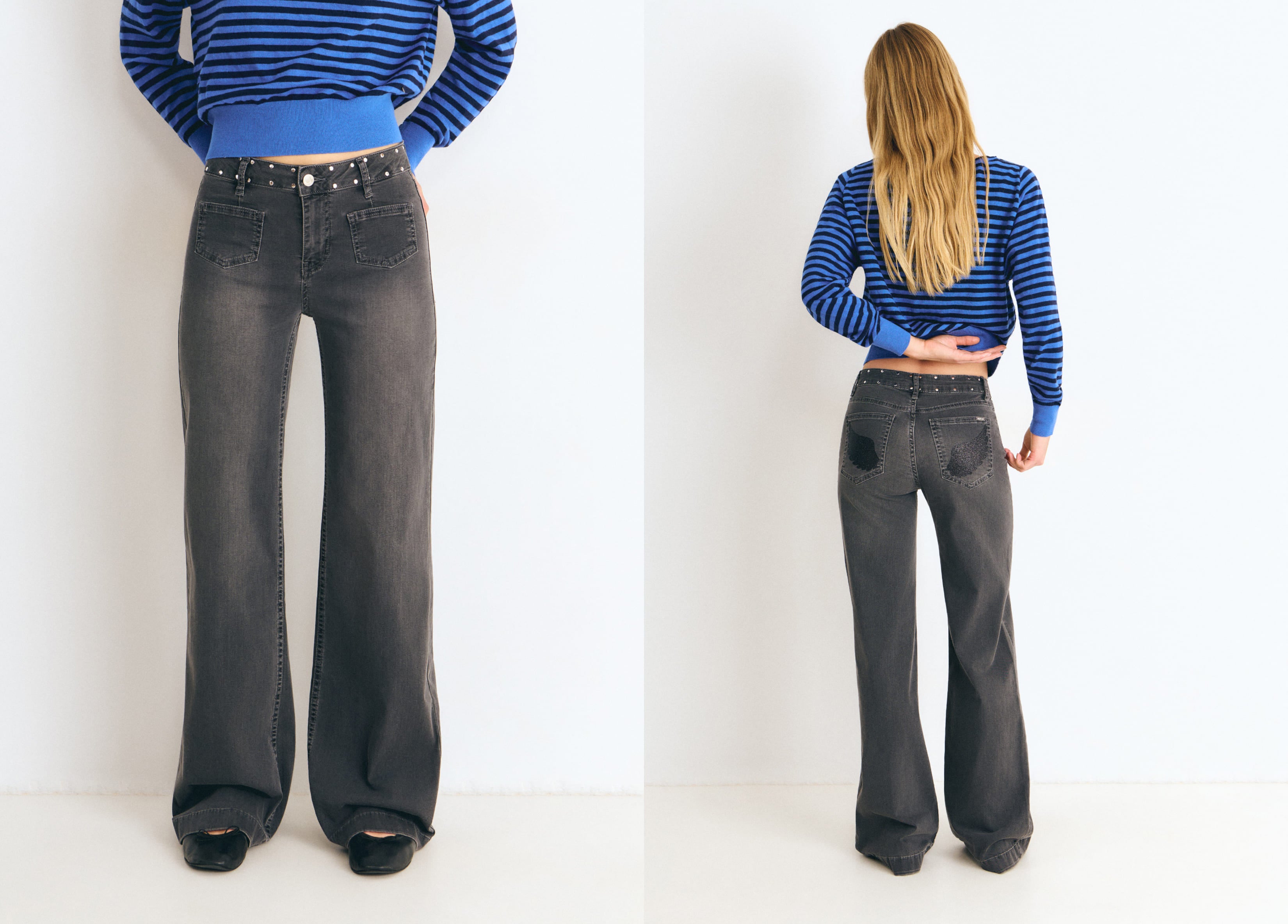 Pantalón vaquero gris oscuro de corte culotte con brillo en la cintura