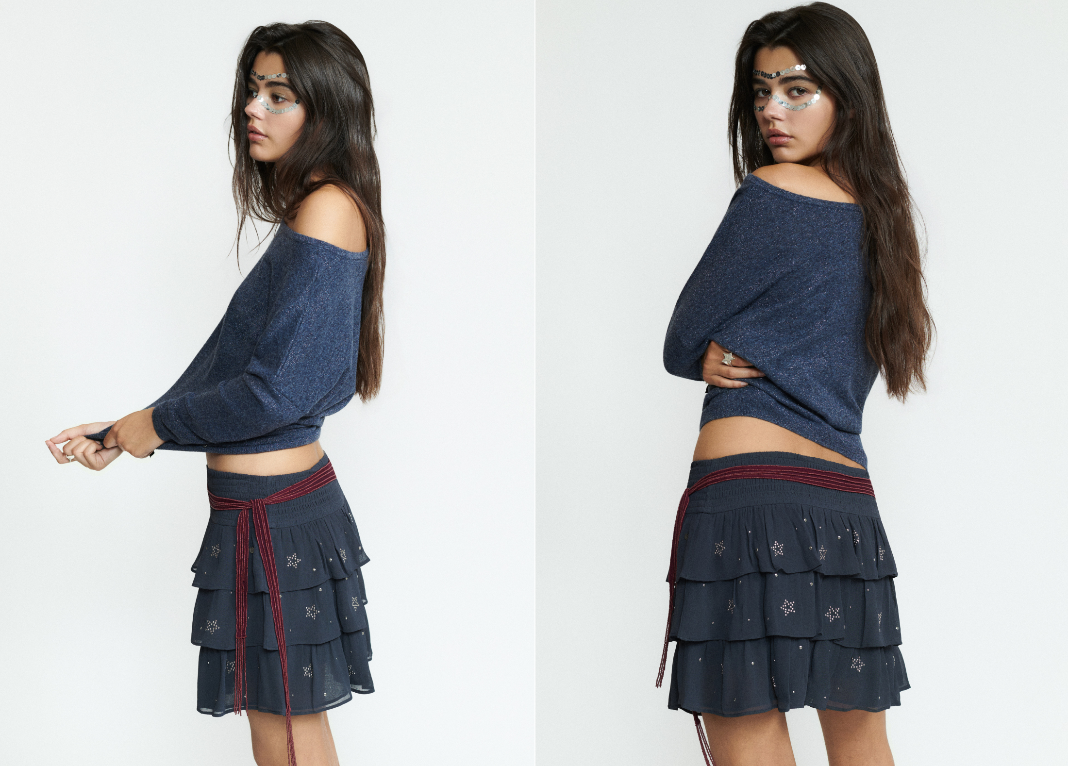 Falda corta multivolantes tachas de color plomo sobre modelo