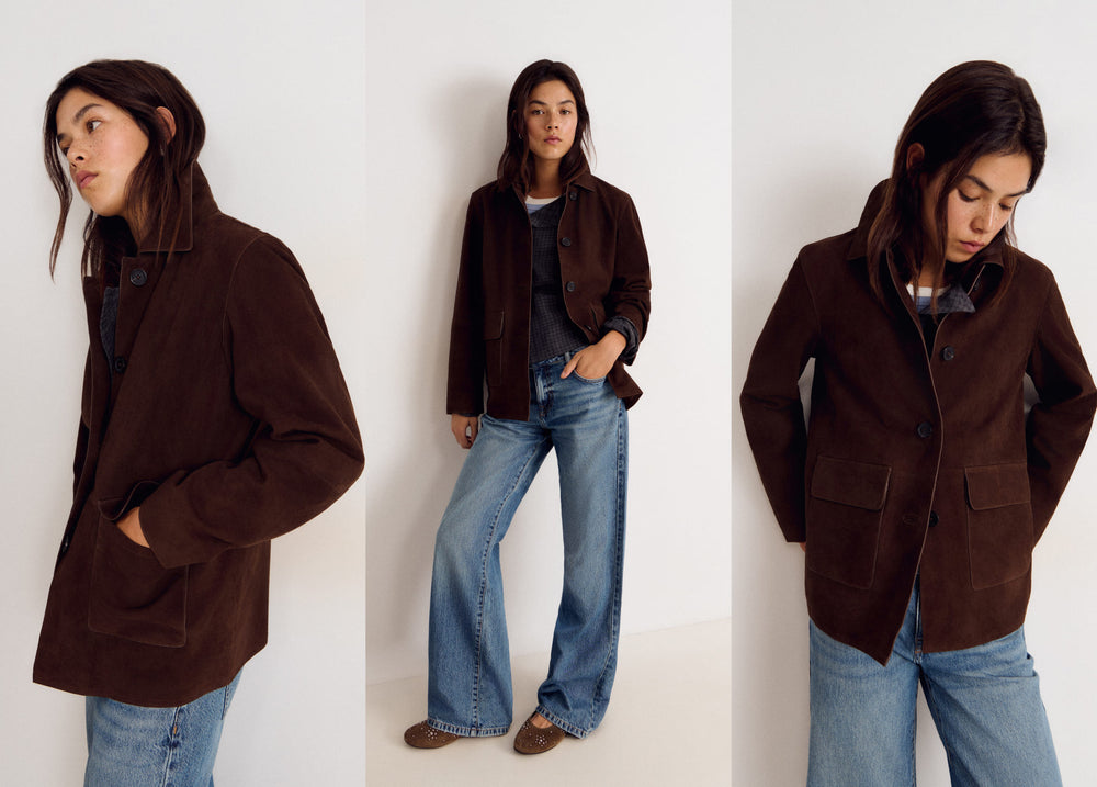 Chaqueta de ante en color chocolate luciendo su frente con botones y bolsillos sobre modelo