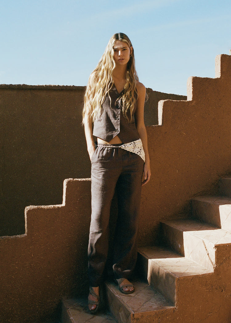 Pants with linen waist detail