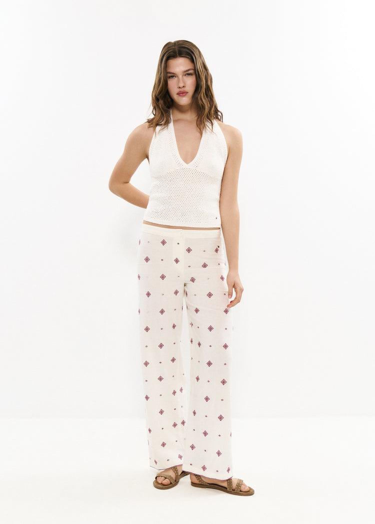 Lange broek met geborduurde bies