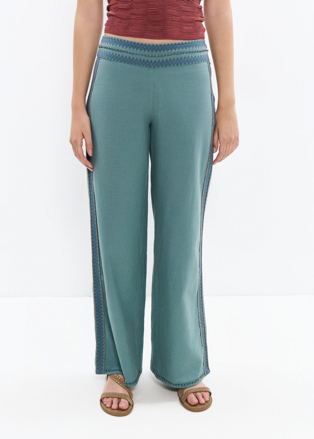 Long pants with embroidered waistband