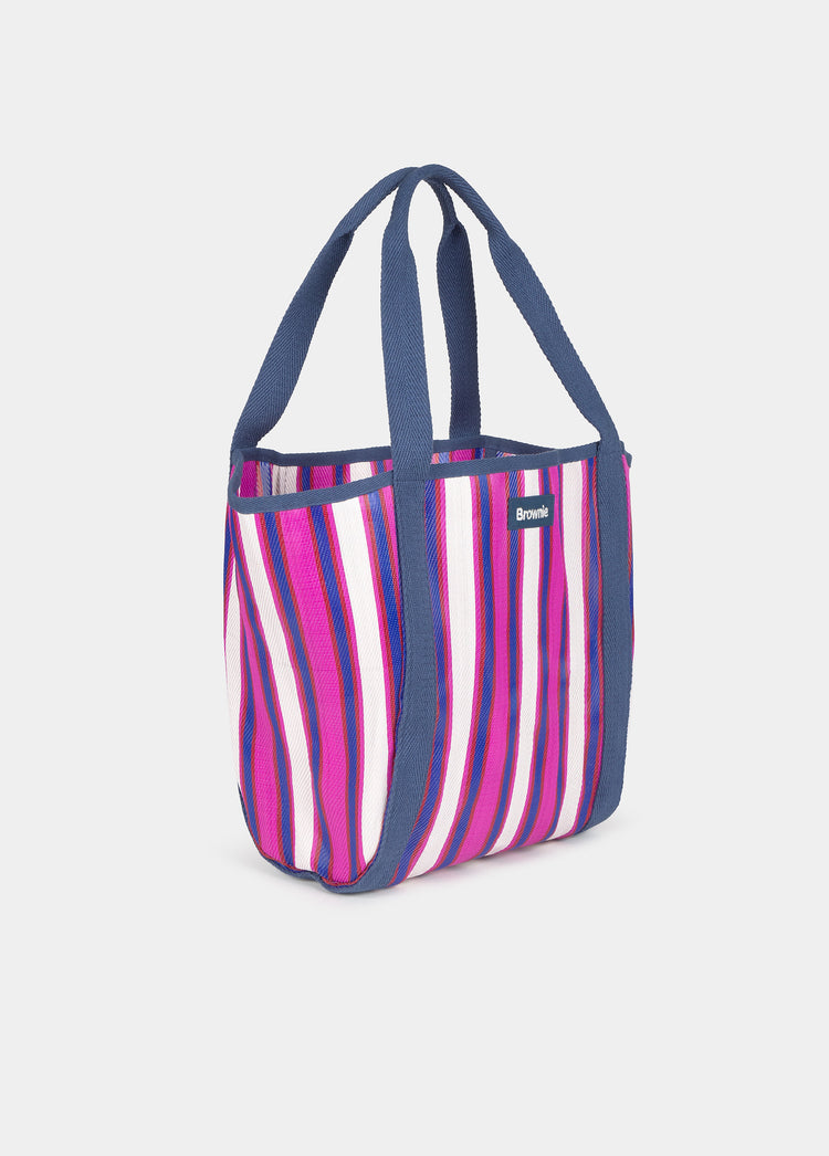 Bolso shopper de rayas en fucsia con asas y detalles en azul marino