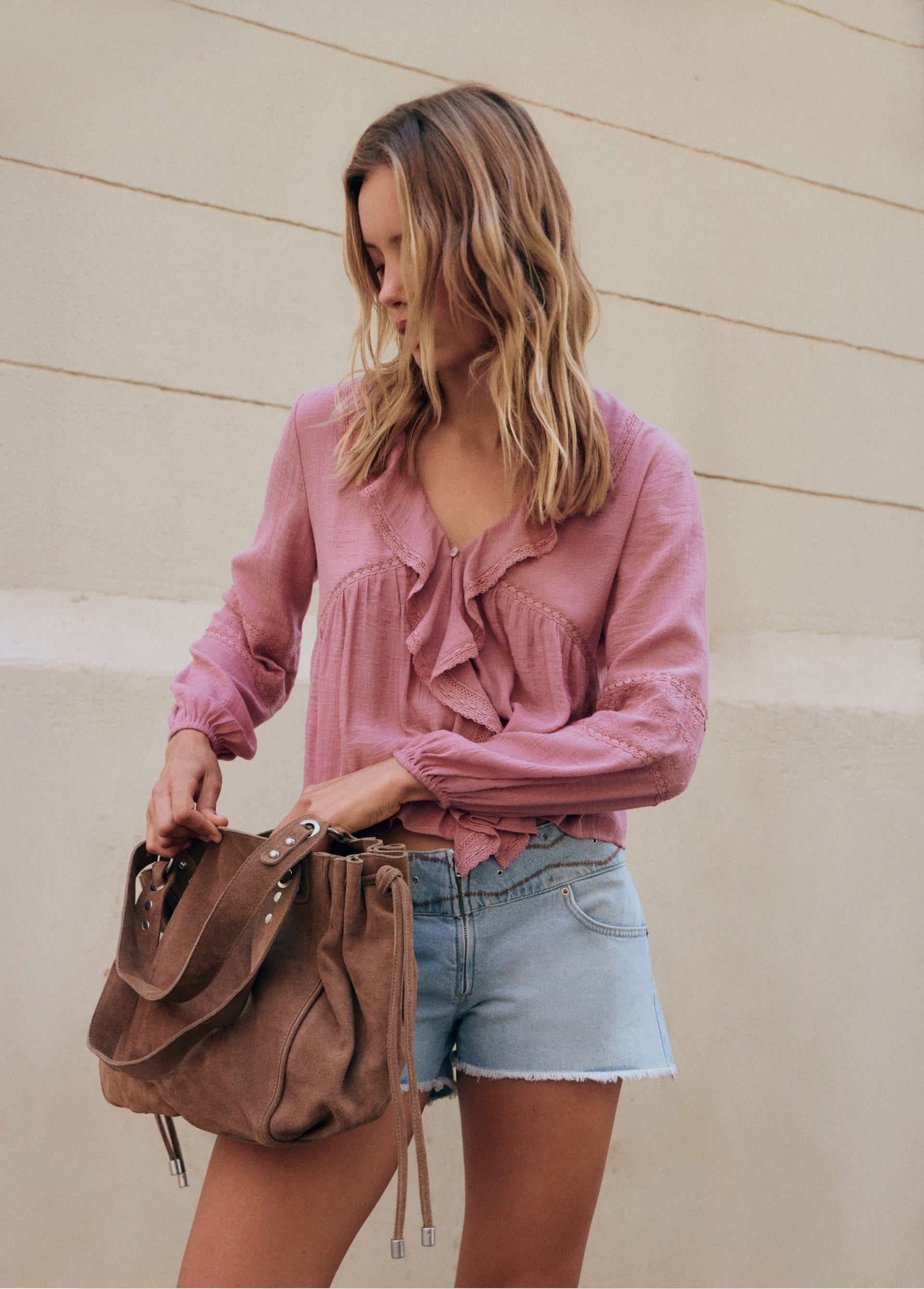 Embroidered Sleeve Ruffle Blouse