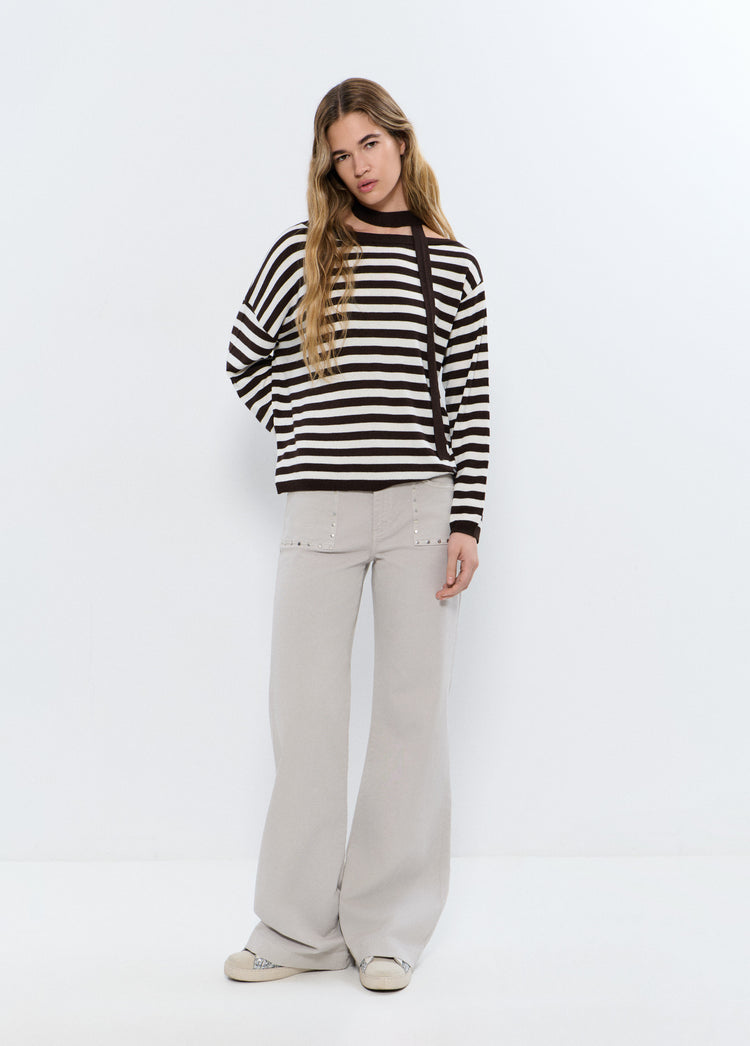 Asymmetrical striped choker sweater
