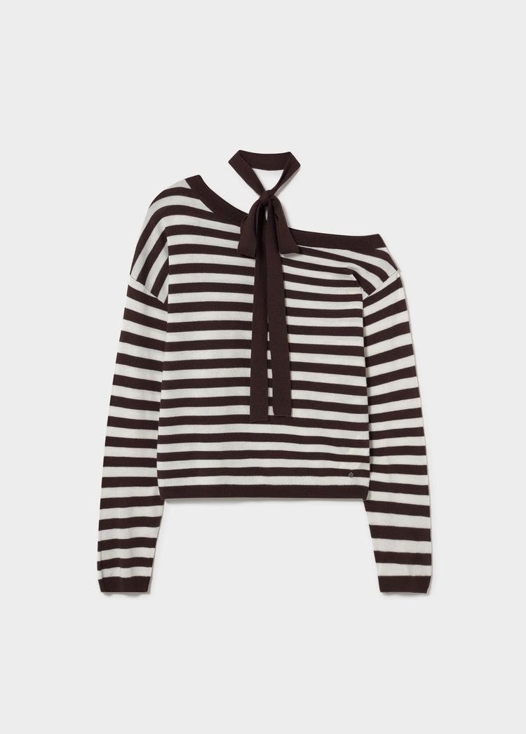 Asymmetrical striped choker sweater