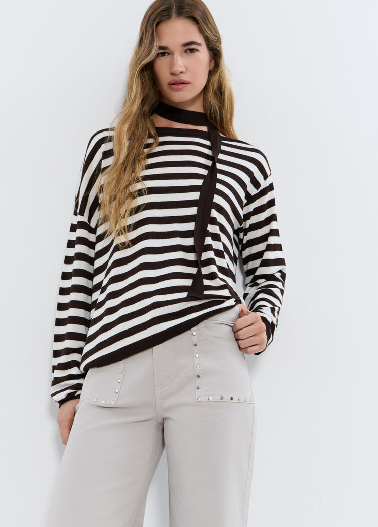 Asymmetrical striped choker sweater