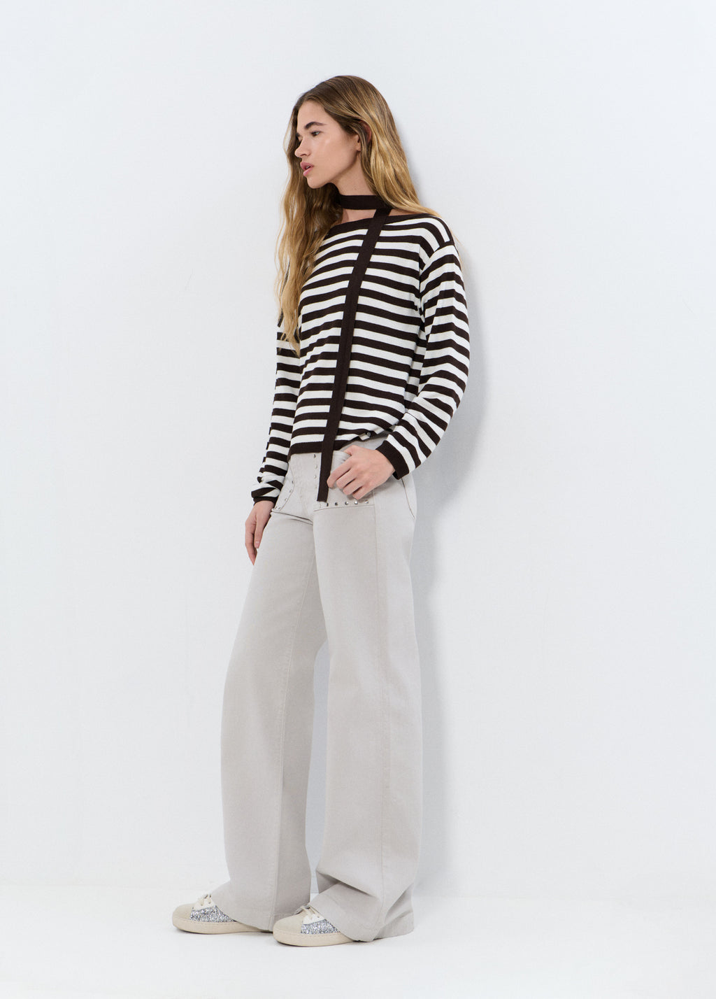 Asymmetrical striped choker sweater