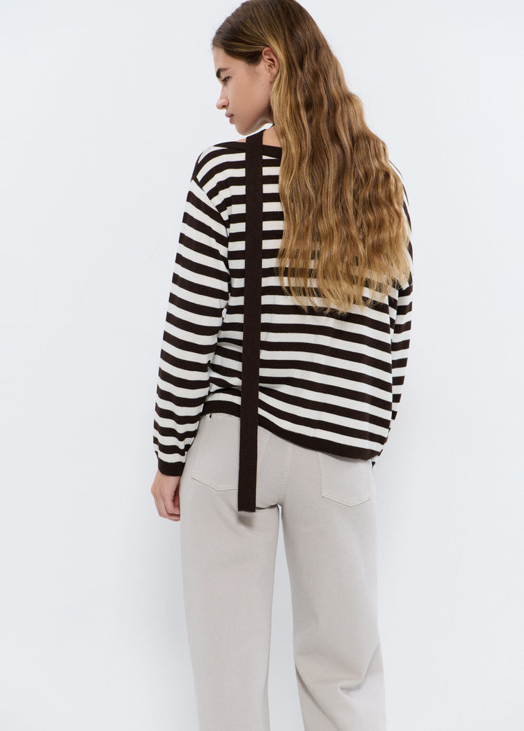 Asymmetrical striped choker sweater