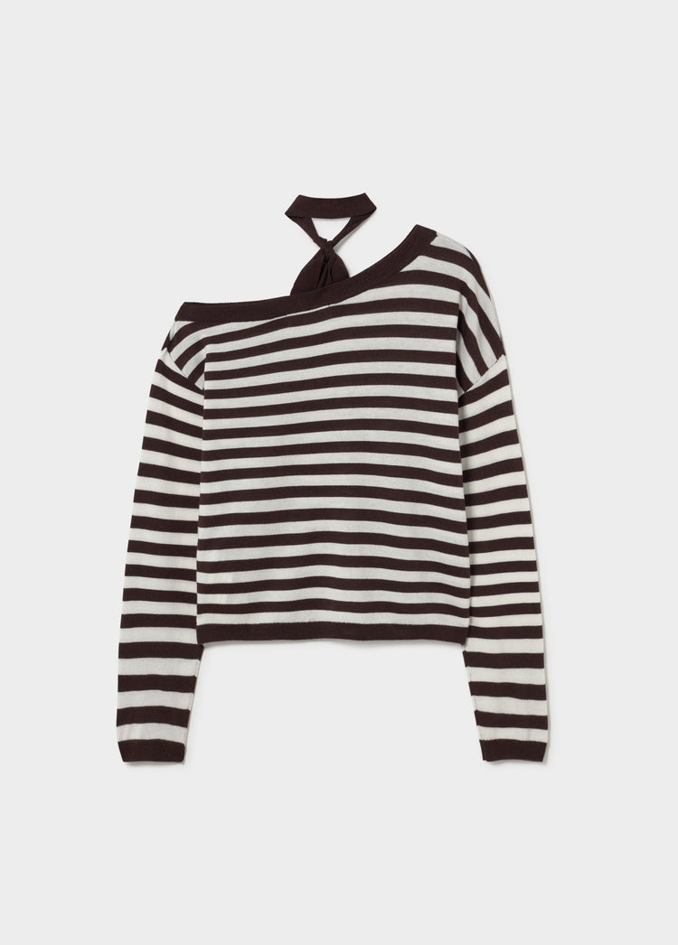 Asymmetrical striped choker sweater