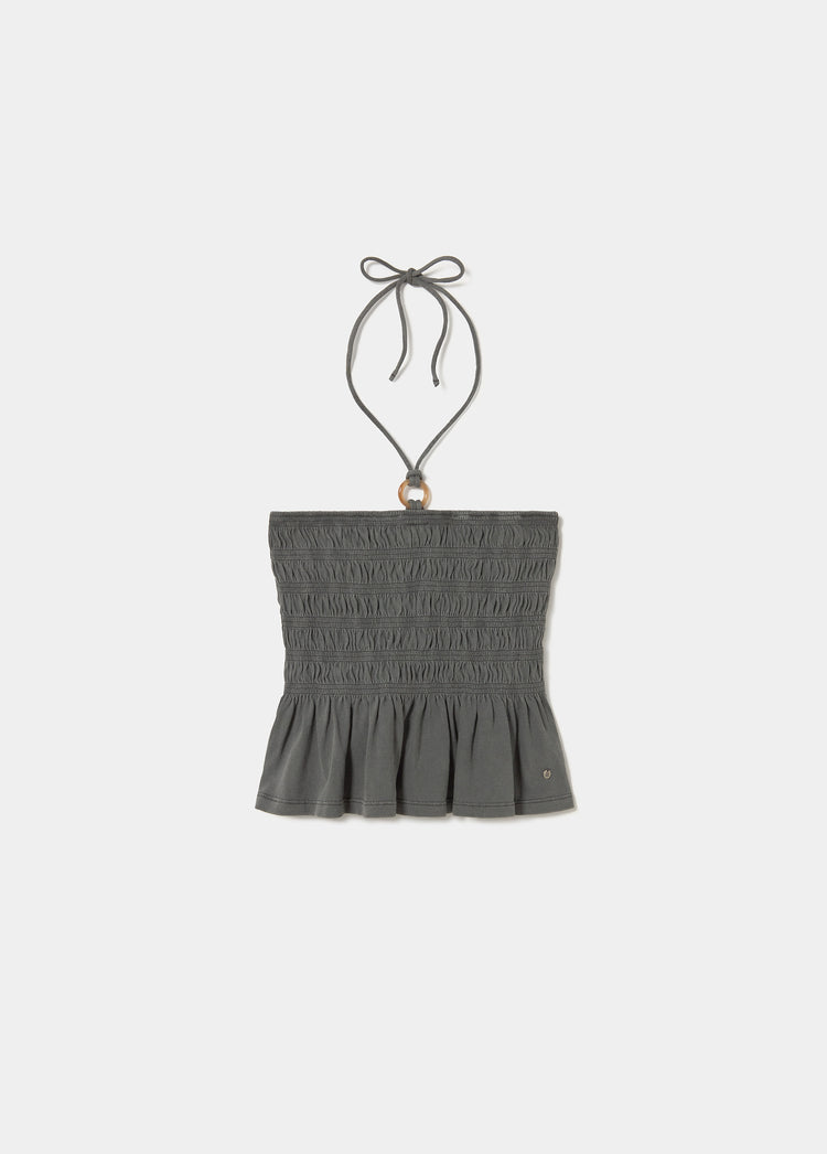 Smocked top with neck applique